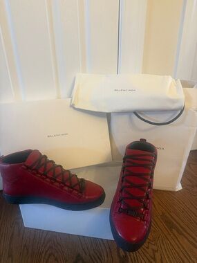 Balenciaga Red Leather Lace-Up High-Top Sneakers